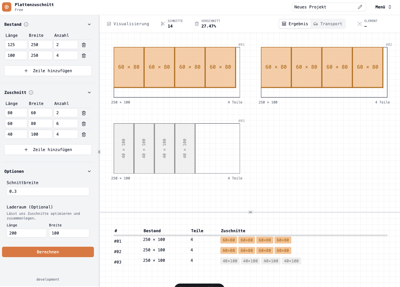 Screenshot der Plattenzuschnitt-App mit einem Beispielprojekt